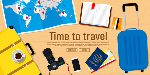 Web banner on the theme of travel. Passport with tickets, photo camera, travel map, suitcase. Vector illustration. Flat design.