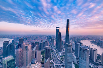 Aerial view of Shanghai city center at sunset time.