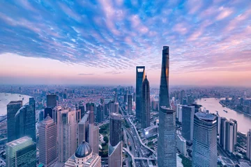 Zelfklevend Fotobehang Aerial view of Shanghai city center at sunset time. © serjiob74