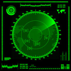 Green radar screen on black background, HUD interface