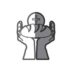 grayscale silhouette of hands holding bread and sphere with cross symbol in background vector illustration