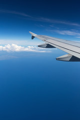   Above the clouds.Wing aircraft on the sky