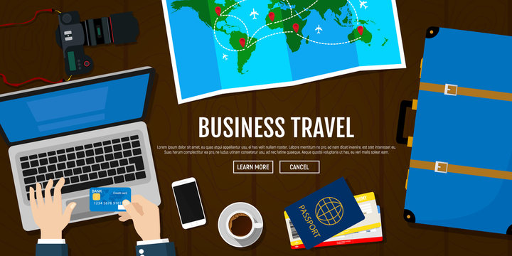 Business trip. Hotel reservations using laptop. Passport with tickets, photo camera, travel map, suitcase. Business trip banner.