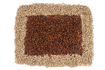 Frame of unroasted coffee beans with roasted coffee in the middle