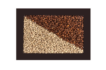 Frame with roasted and unroasted coffee