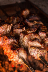Meat grilled on charcoal. Bbq on skewers. Shashlik
