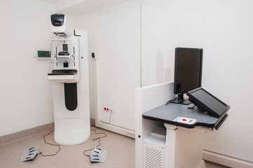 Mammography breast screening device in hospital laboratory of modern clinic. Selective focus