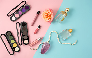 Cosmetics on modern colorful background
