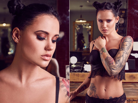 Beautiful sensual girl with tattoo wearing lingerie in barbershop