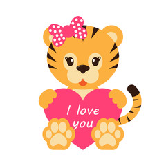 cartoon tiger with bow and heart