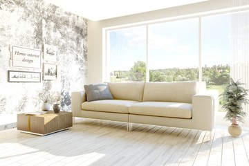 White room with sofa and green landscape in window. Scandinavian interior design. 3D illustration