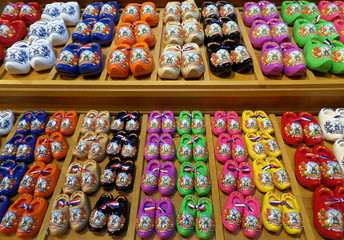 Colorful Miniature Wooden Dutch Clogs Displayed in the Shop of Zaanse Schans, the Open-air Museum of Netherlands 