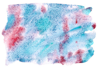 Blue and red watery illustration. Abstract watercolor hand drawn image.Wet splash.White background.