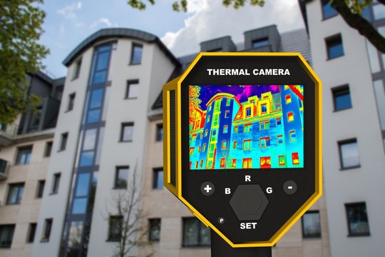  infrared thermal imager showing building facade and window heat loss