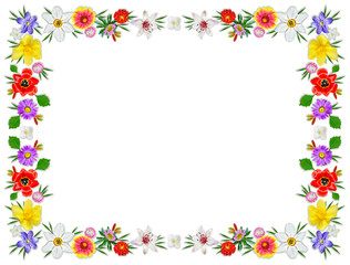 Frame of bright spring flowers. Floral background.