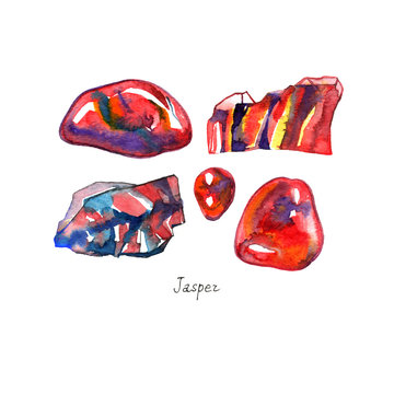 Watercolor stones jasper on white background. Hand drawn illustration