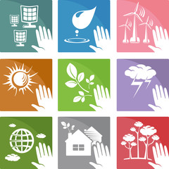 Set of icons and logos of alternative and clean sources of energy sun, wind and water