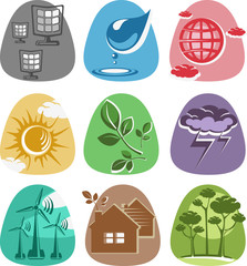 Set of icons and logos of alternative and clean sources of energy sun, wind and water