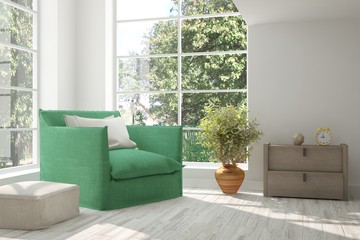 White room with armchair and green landscape in window. Scandinavian interior design. 3D illustration