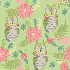 Vector seamless pattern with owls and flowers.