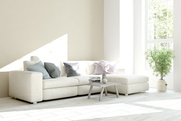 White room with sofa and green landscape in window. Scandinavian interior design. 3D illustration