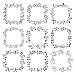 Squared herbal frame. Black vector illustration.