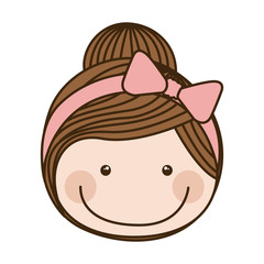 colorful caricature front face girl with collected hair and pink bow lace vector illustration
