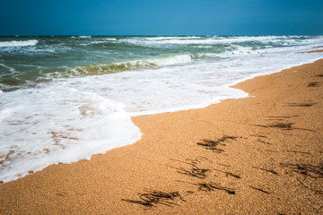 Sea view from tropical beach with sunny sky. Ocean beach relax, outdoor travel. Summer paradise beach of Azov.