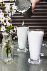 Milk cocktail in two tall glasses on a table next to a vase with white spring flowers