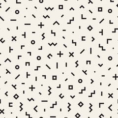 Scattered Geometric Shapes. Inspired by Memphis Style. Abstract Background Design. Vector Seamless Black and White Irregular Pattern.