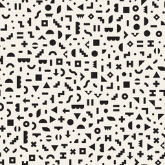 Fototapeta na wymiar Scattered Geometric Shapes. Inspired by Memphis Style. Abstract Background Design. Vector Seamless Black and White Irregular Pattern.