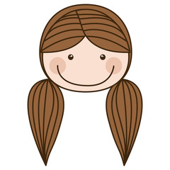 colorful caricature front face girl with brown pigtails hair vector illustration