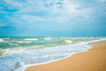 Sea view from tropical beach with sunny sky. Ocean beach relax, outdoor travel. Summer paradise beach of Azov.