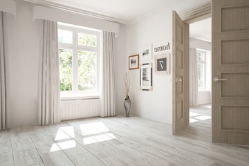 White empty room with green landscape in window. Scandinavian interior design. 3D illustration