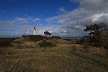 Blick auf den Leuchtturm am Dornbusch auf der Insel Hiddensee, Mecklenburg-Vorpommern, Deutschland