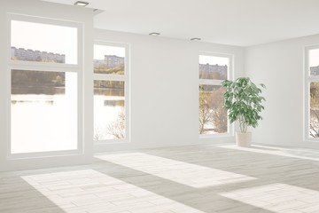 White empty room with green landscape in window. Scandinavian interior design. 3D illustration