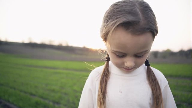 Little girl on winter wheat field