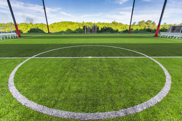 Football field Small, Futsal ball field in the gym indoor, Soccer sport field outdoor park with...