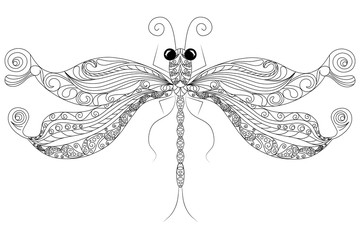 Doodle dragonfly coloring page anti-stress vector illustration