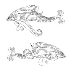 Doodle fishes coloring page anti-stress vector illustration