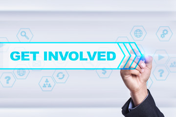 Fototapeta premium Businessman drawing on virtual screen. get involved concept.