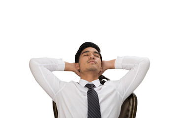 front view of business man wearing white shirt sitting and relaxing on chair with white background