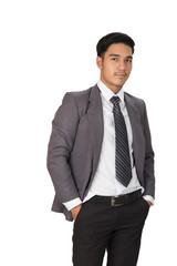 Businessman wearing gray suit standing and posing over white Background