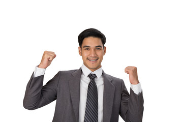 young asian man startup entrepreneur businessman raise his hands with happiness on white background