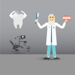 muslim Dentist holding a teeth model and toothbrush