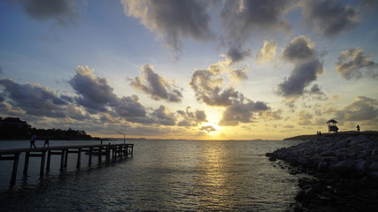 Beach, rocky beach, beautiful beach, wooden bridges, wooden bridges along the beach, Sattahip, Chonburi, Thailand.