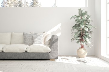 White room with sofa and winter landscape in window. Scandinavian interior design. 3D illustration