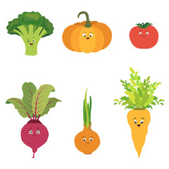 Vector set of cartoon vegetable character. Cute tomato, pumpkin, beet, broccoli, onion and carrot