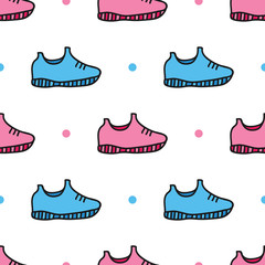 Cute pink and blue doodle sneakers, shoes and dots seamless pattern background.
