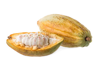Cacao fruit, raw cacao beans, Cocoa pod on white background.